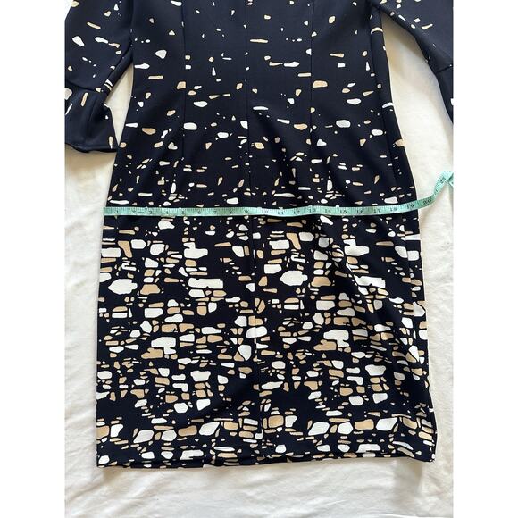 ILE New York Black White Tan Abstract Print Bell Sleeve Dress Size 8 - Picture 8 of 8
